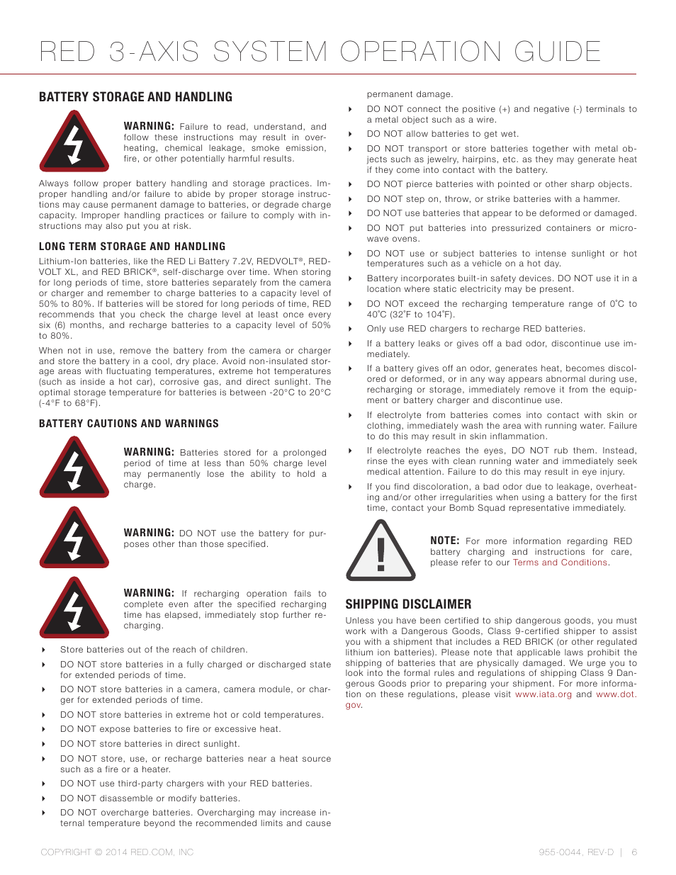 Battery storage and handling, Shipping disclaimer, Red 3-axis system operation guide | RED 3-AXIS LENS CONTROL SYSTEM User Manual | Page 6 / 71