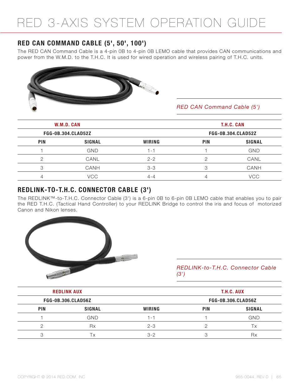 Red can command cable (5', 50', 100'), Redlink-to-t.h.c. connector cable (3'), Red 3-axis system operation guide | RED 3-AXIS LENS CONTROL SYSTEM User Manual | Page 65 / 71
