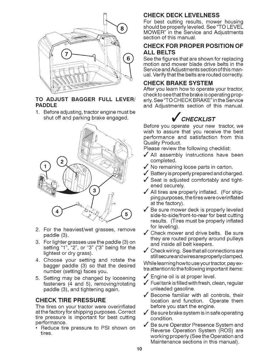 To adjust bagger full lever/ paddle, Check tire pressure, Check deck levelness | Check for proper position of all belts, Check brake system, Checklist | Craftsman 917.28035 User Manual | Page 10 / 64