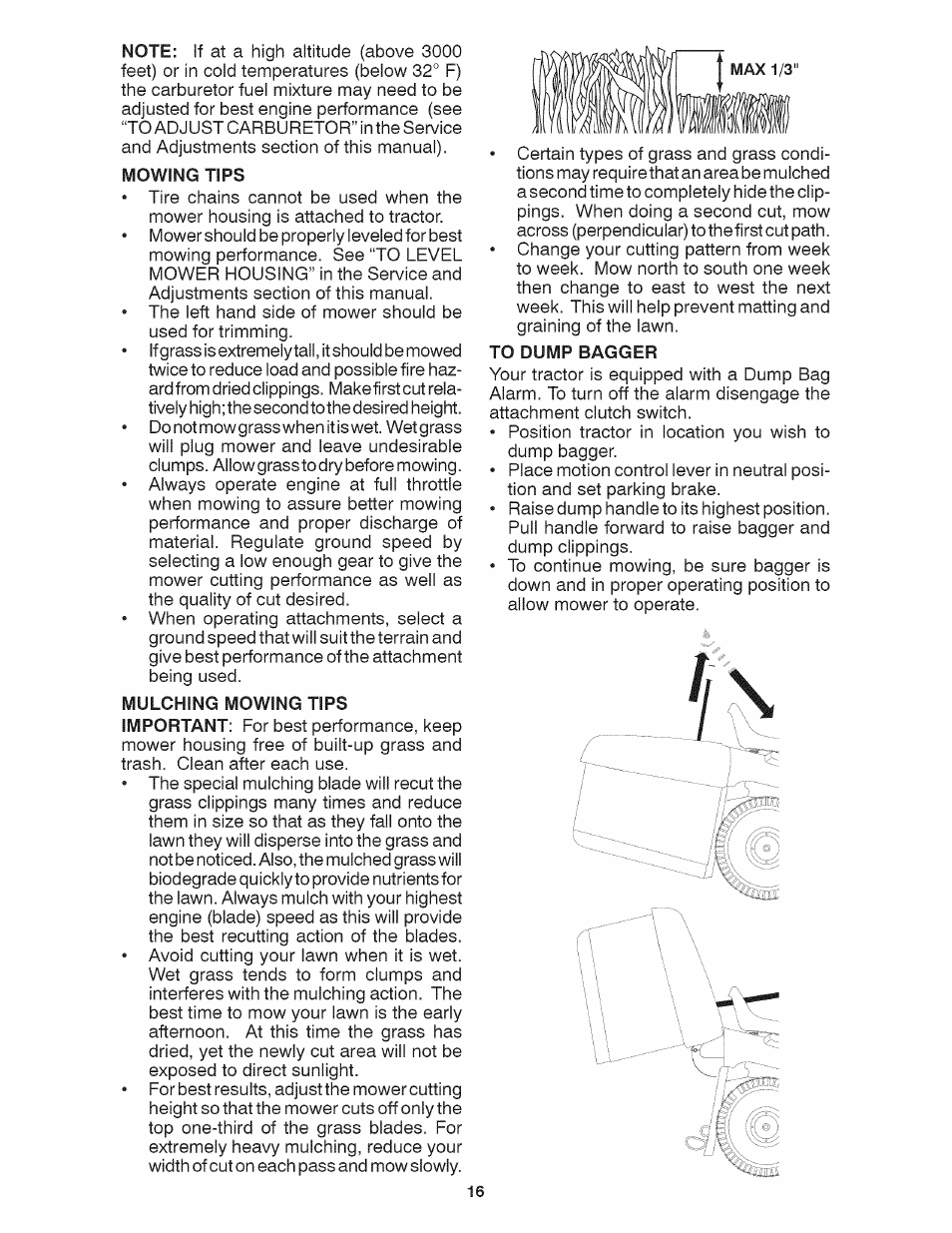 Mowing tips, To dump bagger | Craftsman 917.28035 User Manual | Page 16 / 64