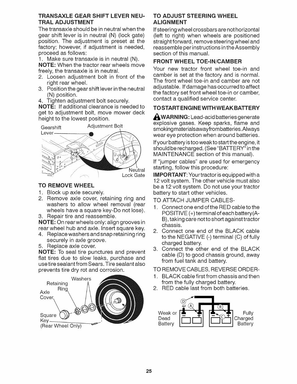 To remove wheel, To adjust steering wheel alignment, Front wheel toe-in/camber | Tostartenginewithweakbattery | Craftsman 917.28035 User Manual | Page 25 / 64