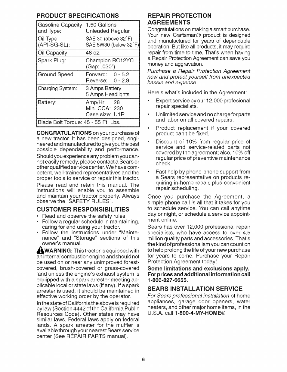 Customer responsibilities, Repair protection agreements, Sears installation service | Product specifications | Craftsman 917.28035 User Manual | Page 6 / 64