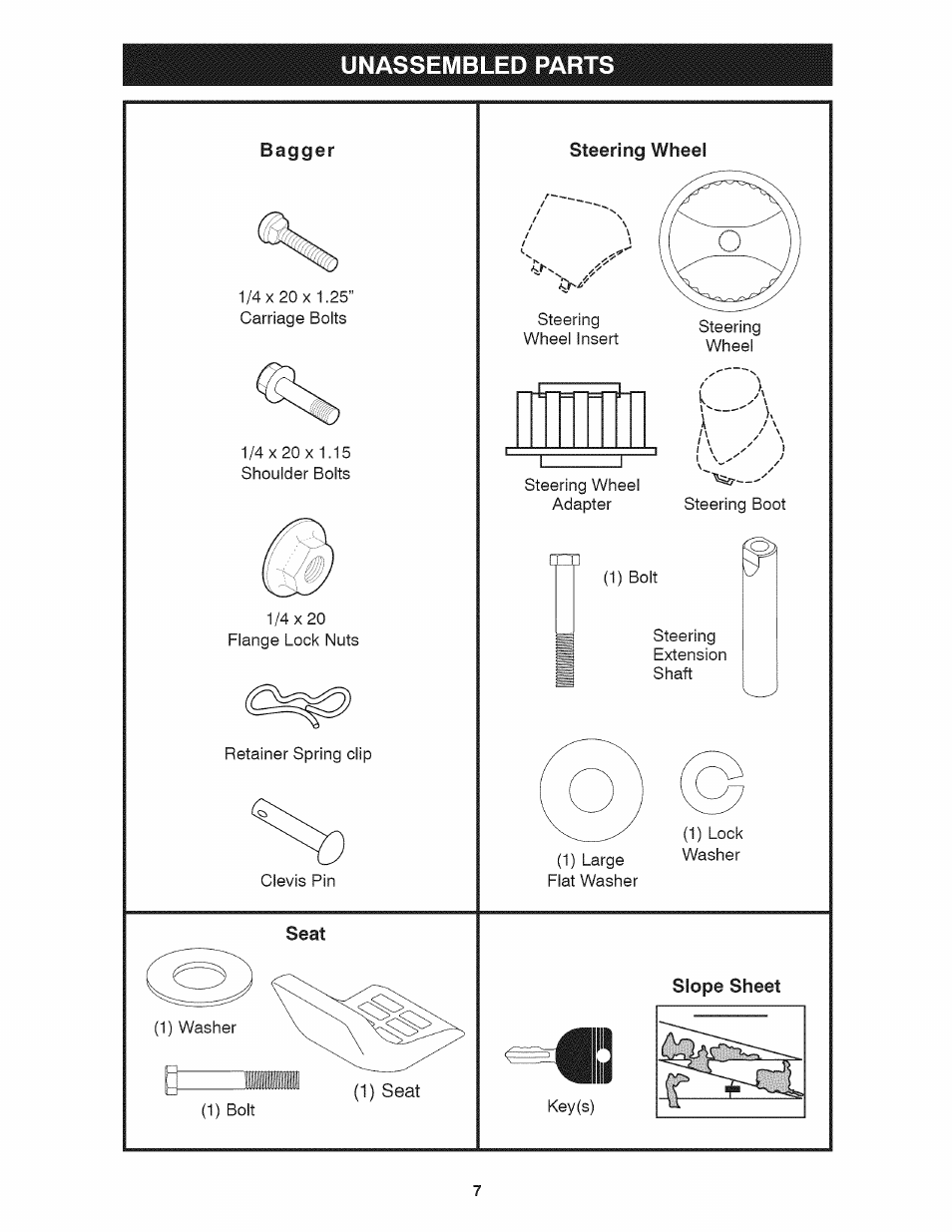 Unassembled parts, Steering wheel, Seat | Slope sheet, Unassembled parts bagger | Craftsman 917.28035 User Manual | Page 7 / 64
