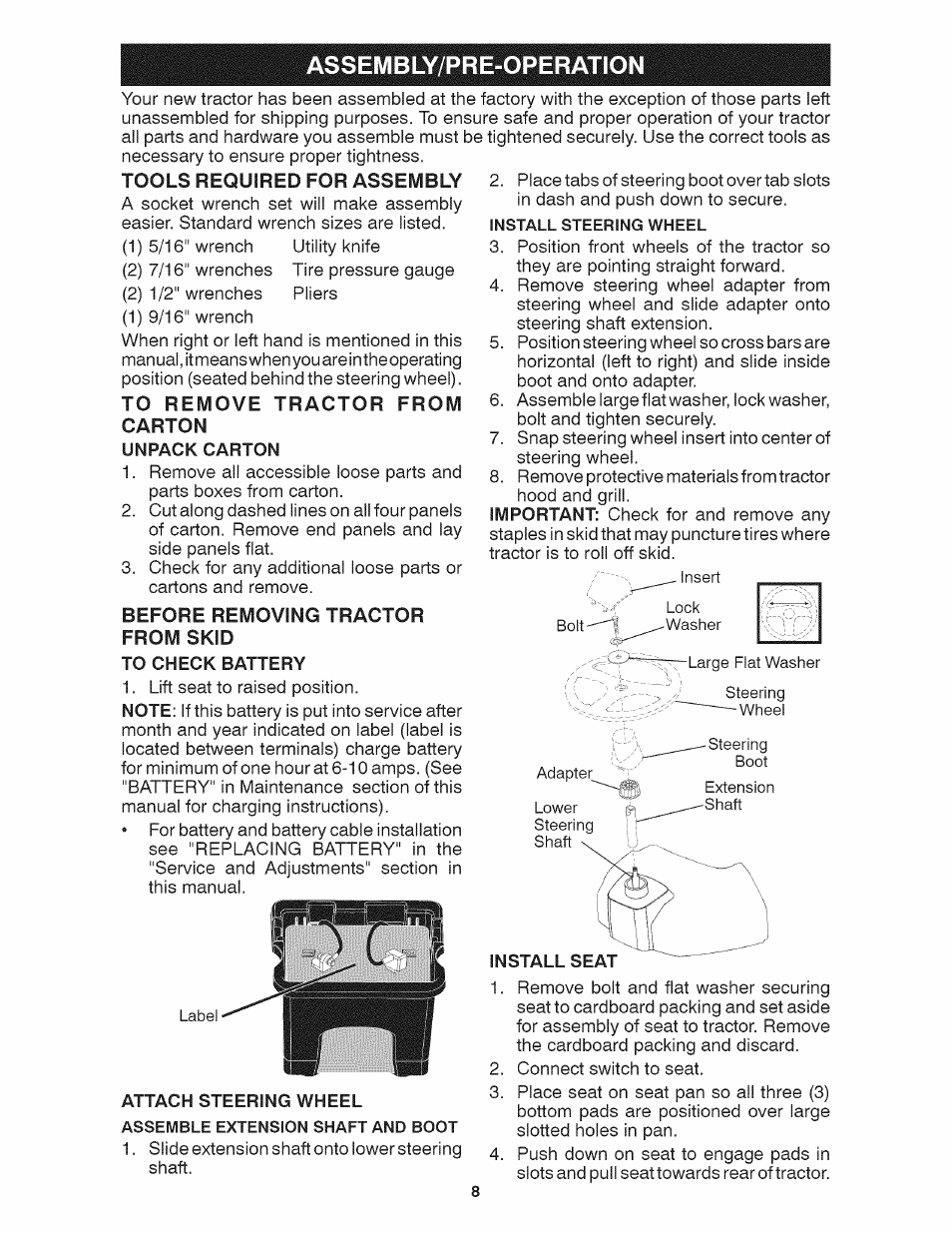 Tools required for assembly, To remove tractor from, Carton | Unpack carton, Before removing tractor from skid to check battery, Assembly/pre-operation | Craftsman 917.28035 User Manual | Page 8 / 64