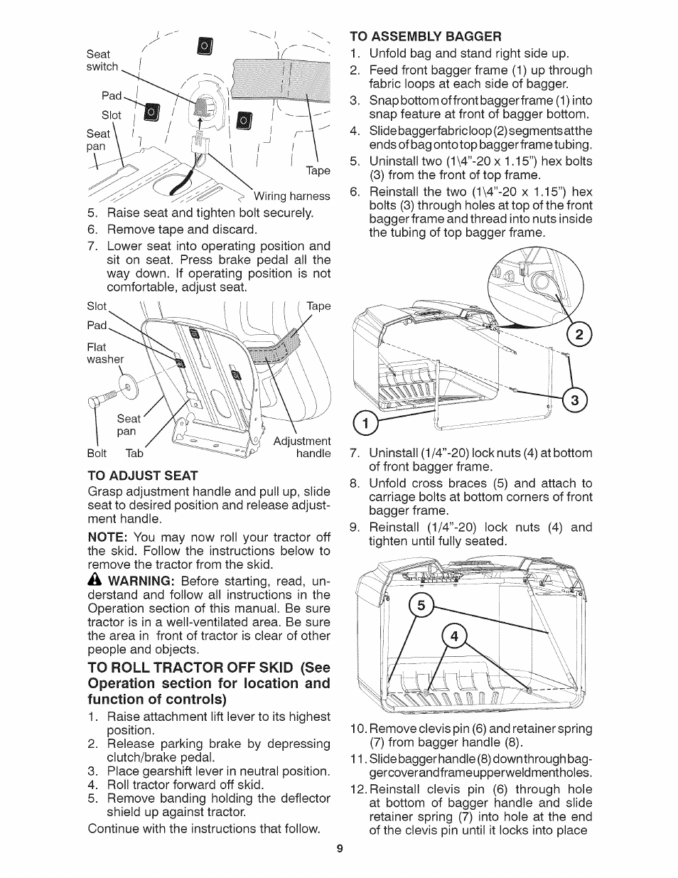 To adjust seat, To assembly bagger | Craftsman 917.28035 User Manual | Page 9 / 64
