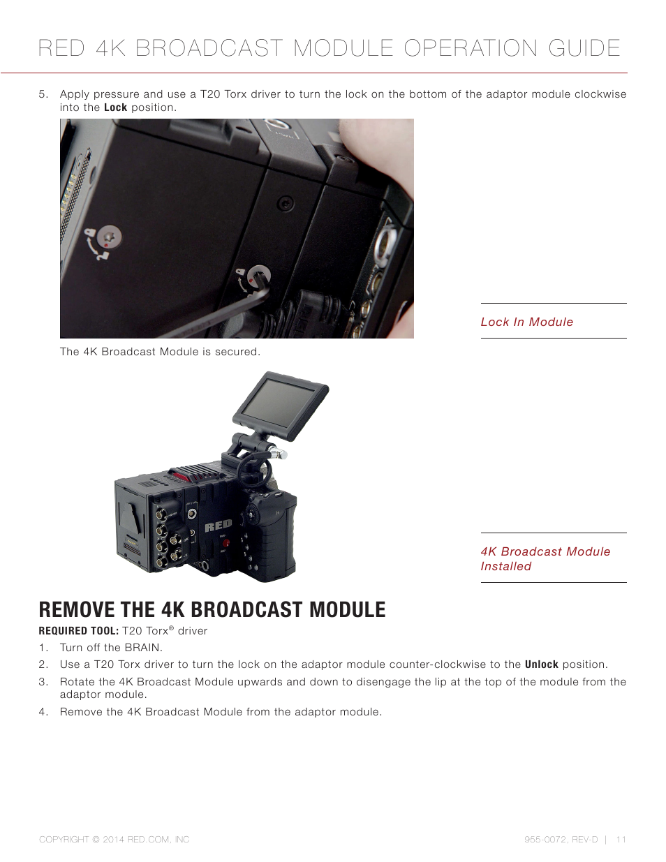 Remove the 4k broadcast module, Red 4k broadcast module operation guide | RED 4K BROADCAST MODULE User Manual | Page 11 / 25