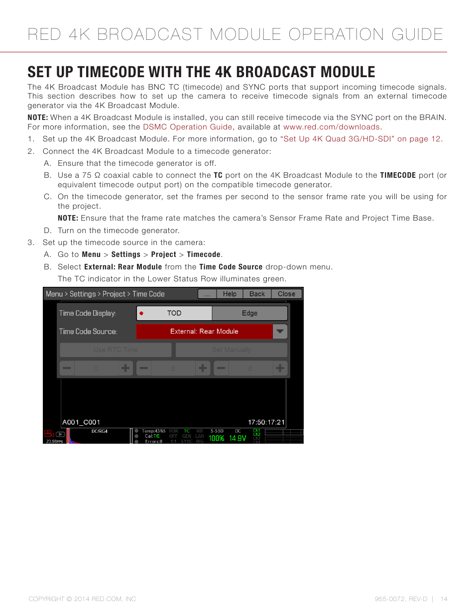 Set up timecode with the 4k broadcast module, Set up timecode with the 4k broadcast module 14, Red 4k broadcast module operation guide | RED 4K BROADCAST MODULE User Manual | Page 14 / 25
