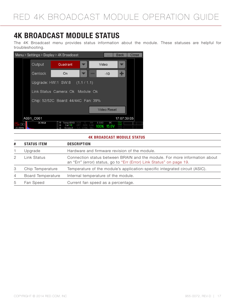 4k broadcast module status, Red 4k broadcast module operation guide | RED 4K BROADCAST MODULE User Manual | Page 17 / 25