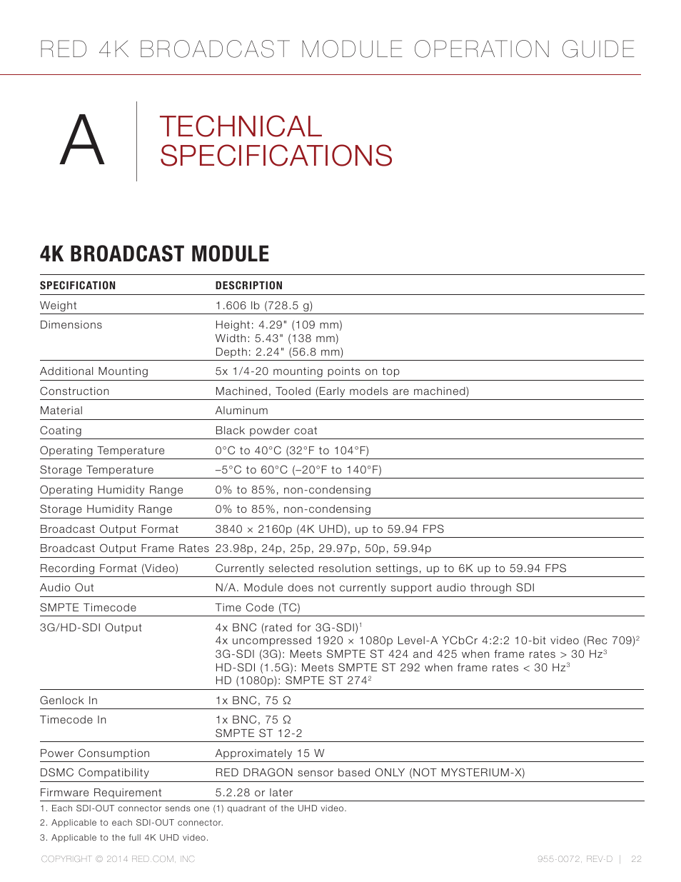 Technical specifications, 4k broadcast module, Red 4k broadcast module operation guide | RED 4K BROADCAST MODULE User Manual | Page 22 / 25