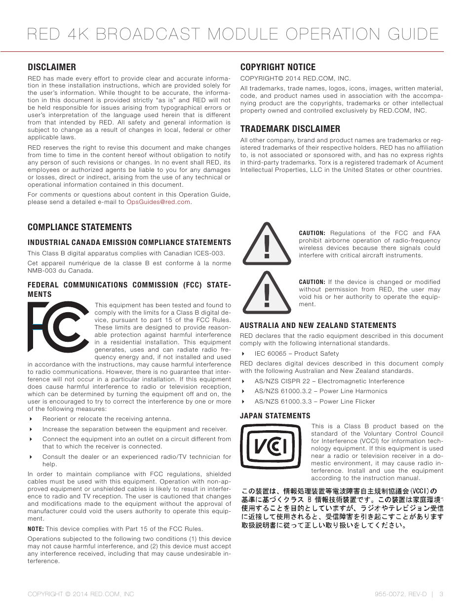 Disclaimer, Copyright notice, Trademark disclaimer | Compliance statements, Disclaimer 3, Red 4k broadcast module operation guide | RED 4K BROADCAST MODULE User Manual | Page 3 / 25