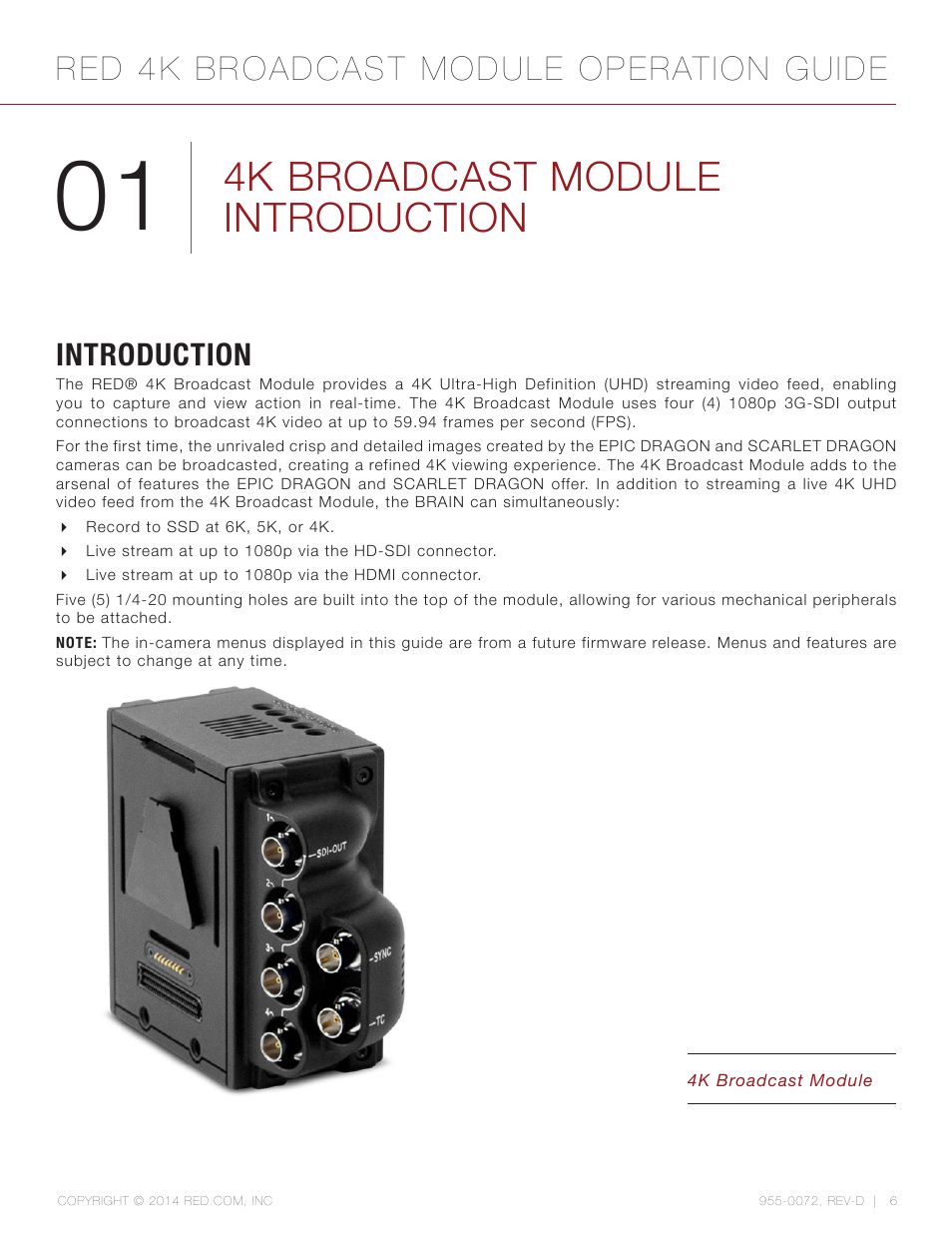 4k broadcast module introduction, Introduction, Introduction 6 | Red 4k broadcast module operation guide | RED 4K BROADCAST MODULE User Manual | Page 6 / 25