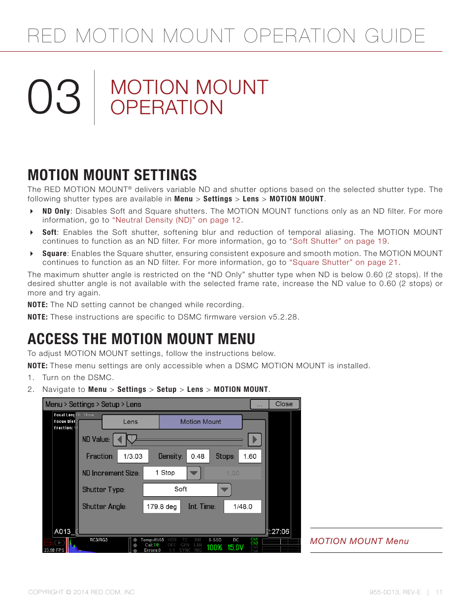 Motion mount operation, Motion mount settings, Access the motion mount menu | Red motion mount operation guide | RED MOTION MOUNT User Manual | Page 11 / 34