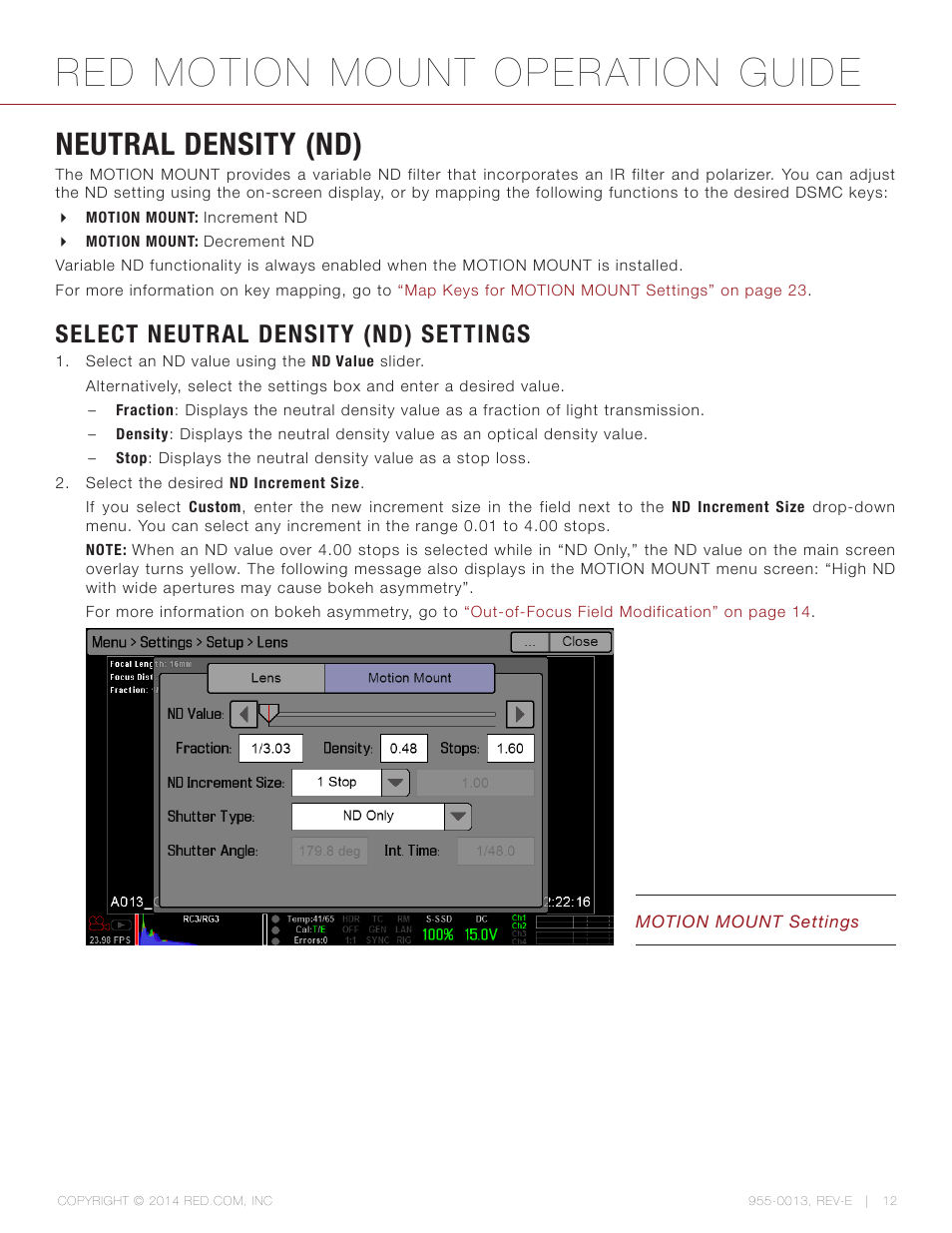 Neutral density (nd), Select neutral density (nd) settings, Red motion mount operation guide | RED MOTION MOUNT User Manual | Page 12 / 34