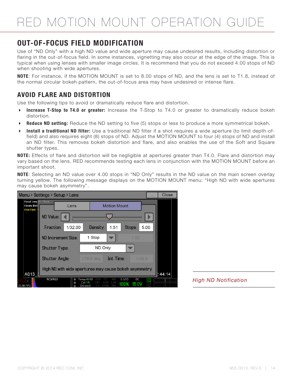 Out-of-focus field modification, Avoid flare and distortion, Red motion mount operation guide | RED MOTION MOUNT User Manual | Page 14 / 34