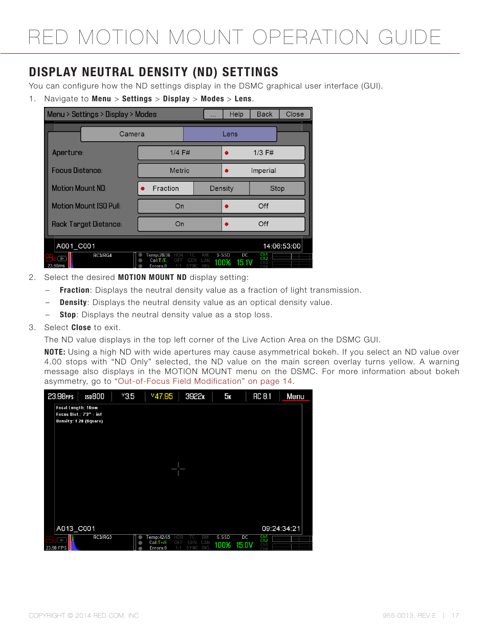 Display neutral density (nd) settings, Red motion mount operation guide | RED MOTION MOUNT User Manual | Page 17 / 34