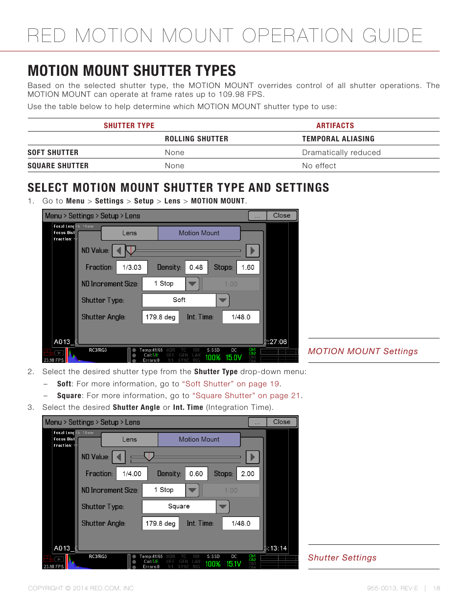 Motion mount shutter types, Select motion mount shutter type and settings, Red motion mount operation guide | RED MOTION MOUNT User Manual | Page 18 / 34