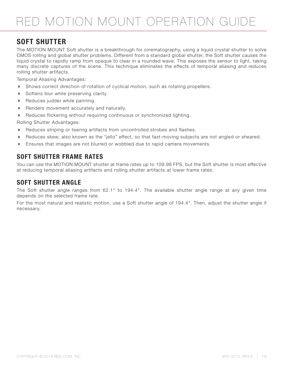 Soft shutter, Soft shutter frame rates, Soft shutter angle | Red motion mount operation guide | RED MOTION MOUNT User Manual | Page 19 / 34