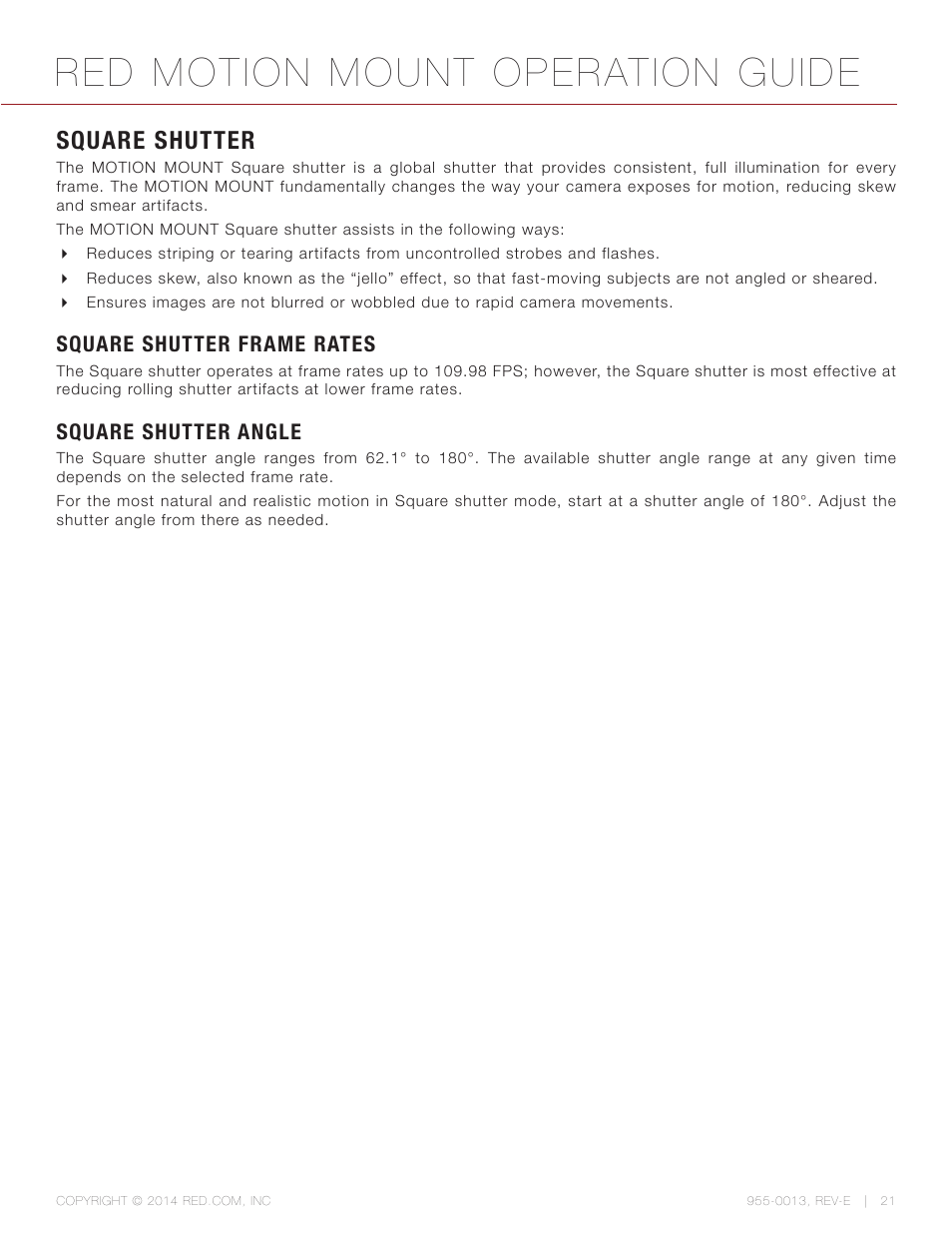 Square shutter, Square shutter frame rates, Square shutter angle | Red motion mount operation guide | RED MOTION MOUNT User Manual | Page 21 / 34