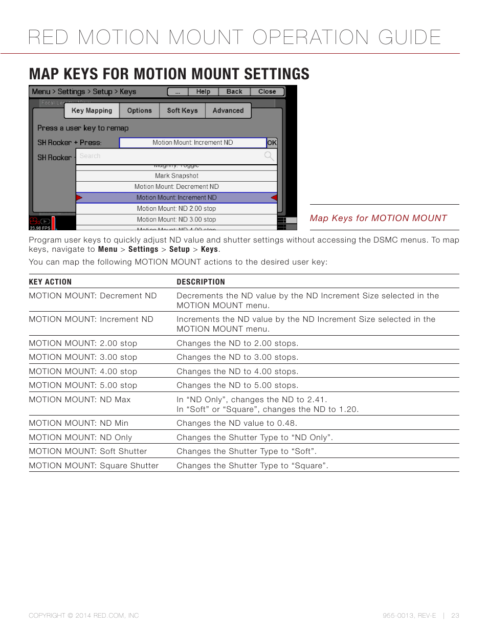 Map keys for motion mount settings, Red motion mount operation guide | RED MOTION MOUNT User Manual | Page 23 / 34