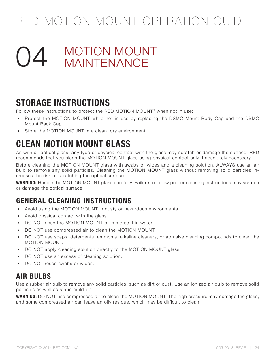 Motion mount maintenance, Storage instructions, Clean motion mount glass | General cleaning instructions, Air bulbs, Red motion mount operation guide | RED MOTION MOUNT User Manual | Page 24 / 34