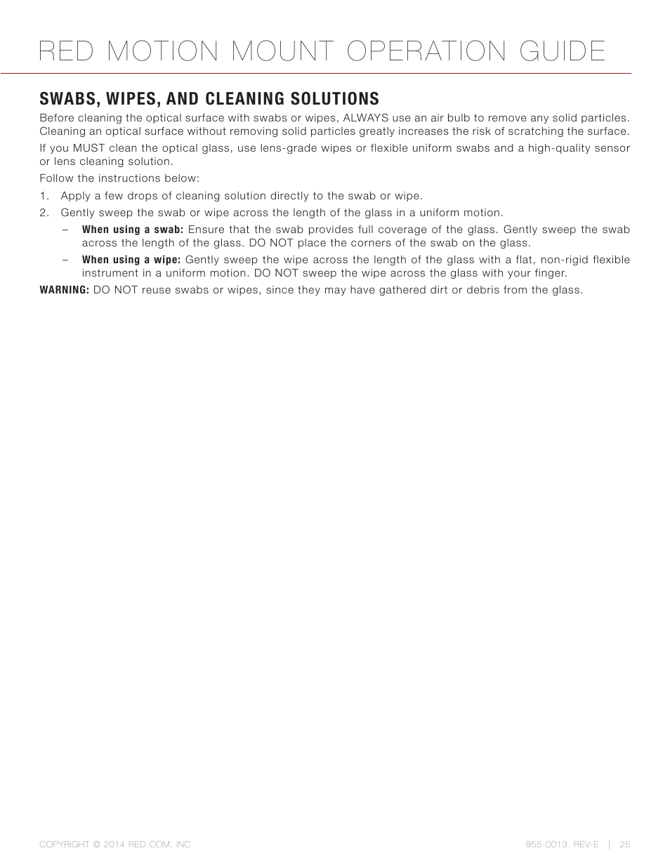 Swabs, wipes, and cleaning solutions, Red motion mount operation guide | RED MOTION MOUNT User Manual | Page 25 / 34
