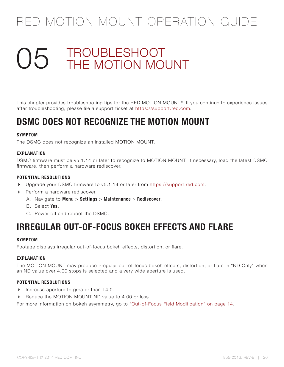 Troubleshoot the motion mount, Dsmc does not recognize the motion mount, Symptom | Explanation, Potential resolutions, Irregular out-of-focus bokeh effects and flare, Dsmc does not recognize the motion mount 26, Red motion mount operation guide | RED MOTION MOUNT User Manual | Page 26 / 34