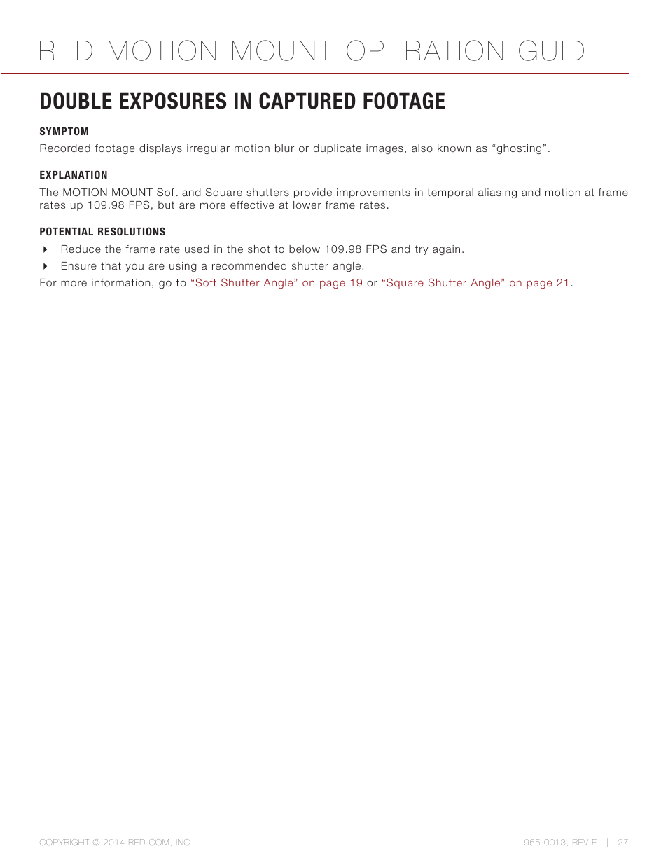 Double exposures in captured footage, Symptom, Explanation | Potential resolutions, Red motion mount operation guide | RED MOTION MOUNT User Manual | Page 27 / 34