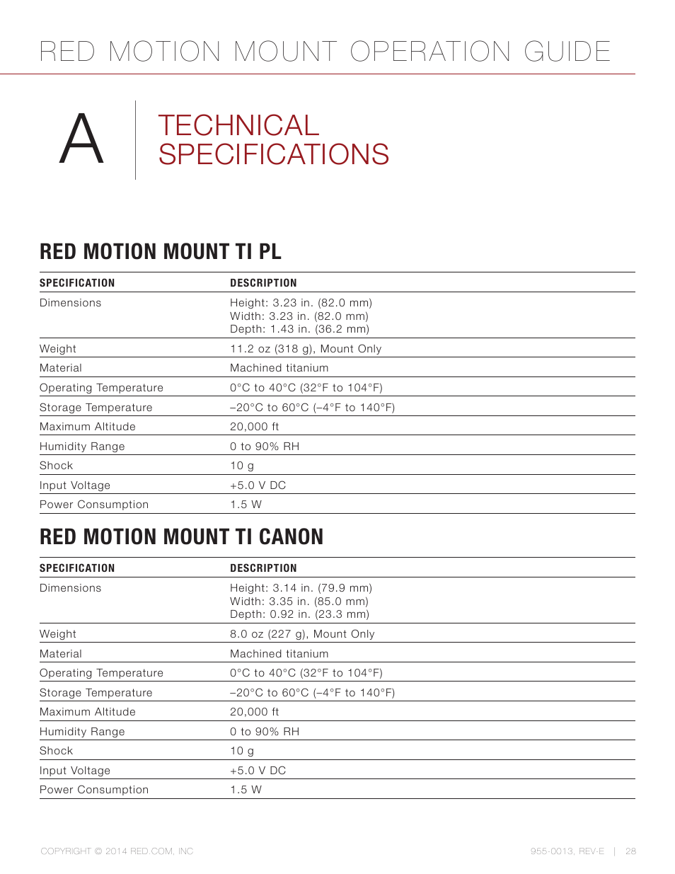 Technical specifications, Red motion mount ti pl, Red motion mount ti canon | Red motion mount operation guide | RED MOTION MOUNT User Manual | Page 28 / 34