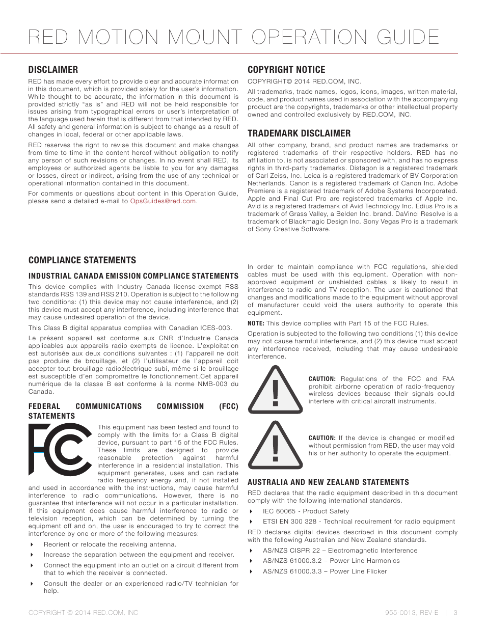 Disclaimer, Copyright notice, Trademark disclaimer | Compliance statements, Disclaimer 3, Red motion mount operation guide | RED MOTION MOUNT User Manual | Page 3 / 34
