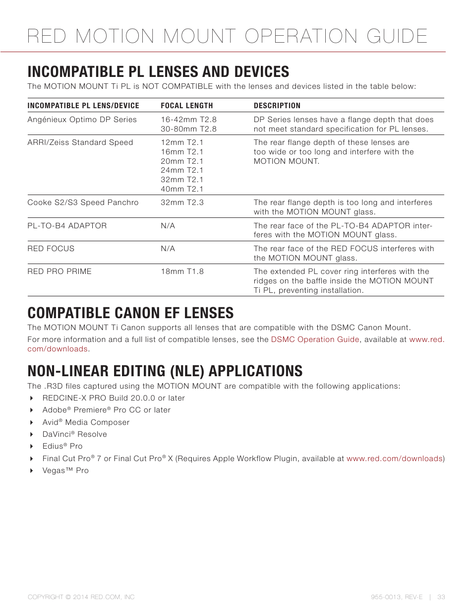 Incompatible pl lenses and devices, Compatible canon ef lenses, Non-linear editing (nle) applications | Red motion mount operation guide | RED MOTION MOUNT User Manual | Page 33 / 34
