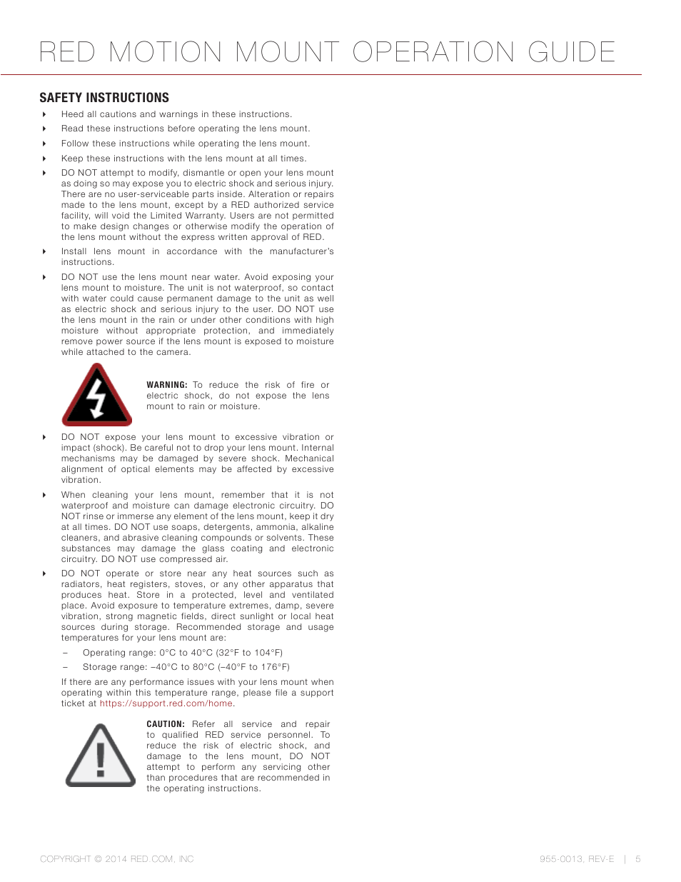 Safety instructions, Red motion mount operation guide | RED MOTION MOUNT User Manual | Page 5 / 34