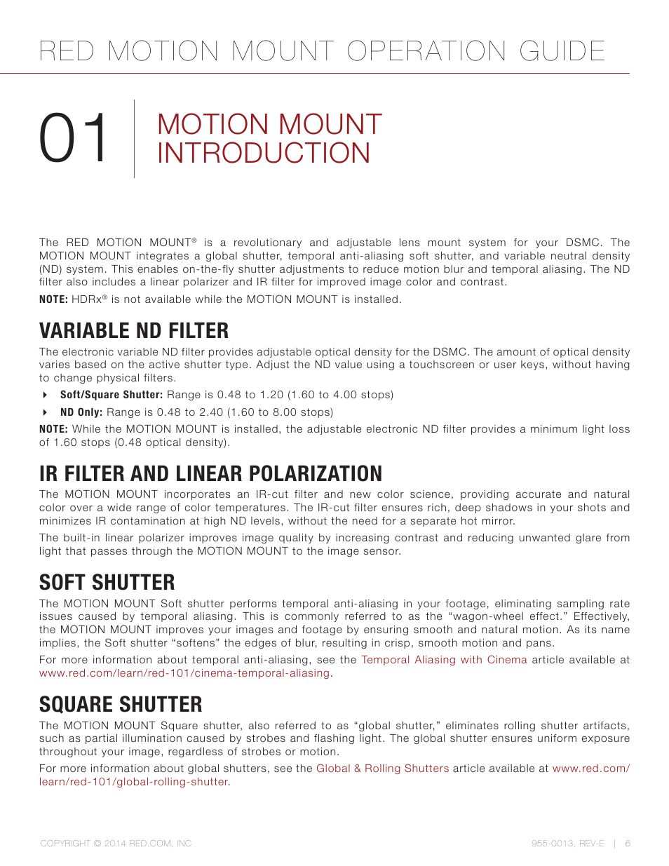 Motion mount introduction, Variable nd filter, Ir filter and linear polarization | Soft shutter, Square shutter, Red motion mount operation guide | RED MOTION MOUNT User Manual | Page 6 / 34