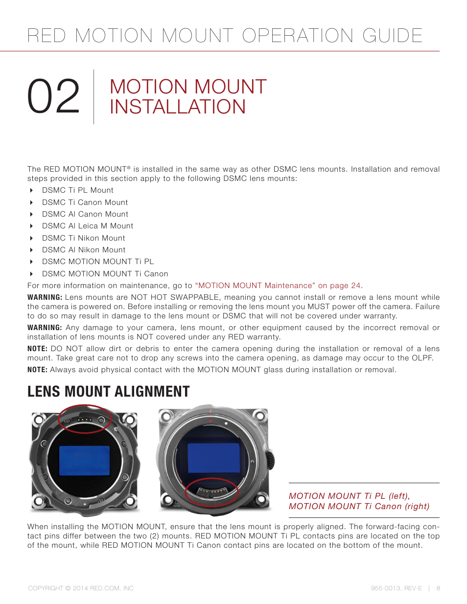 Motion mount installation, Lens mount alignment, Red motion mount operation guide | RED MOTION MOUNT User Manual | Page 8 / 34