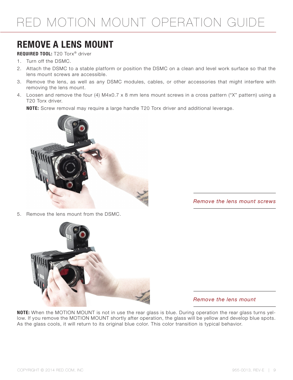 Remove a lens mount, Red motion mount operation guide | RED MOTION MOUNT User Manual | Page 9 / 34