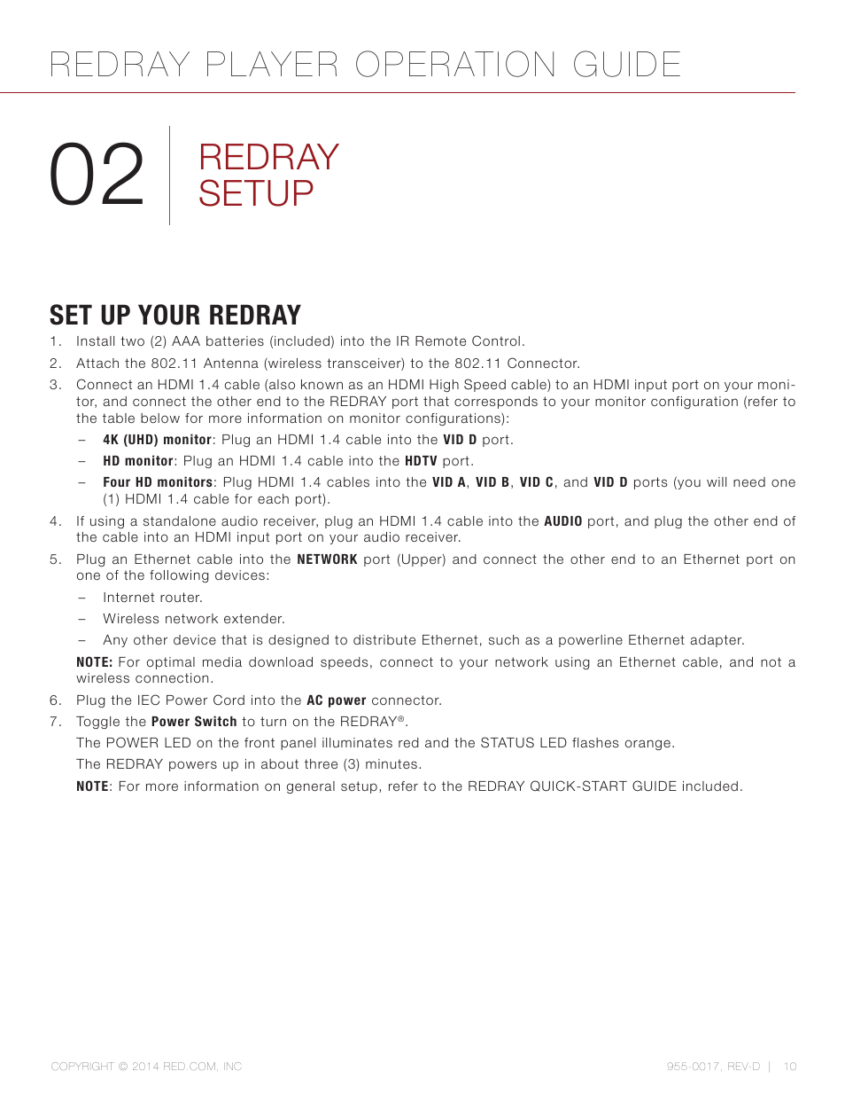 Redray setup, Set up your redray, Redray player operation guide | RED REDRAY PLAYER User Manual | Page 10 / 66