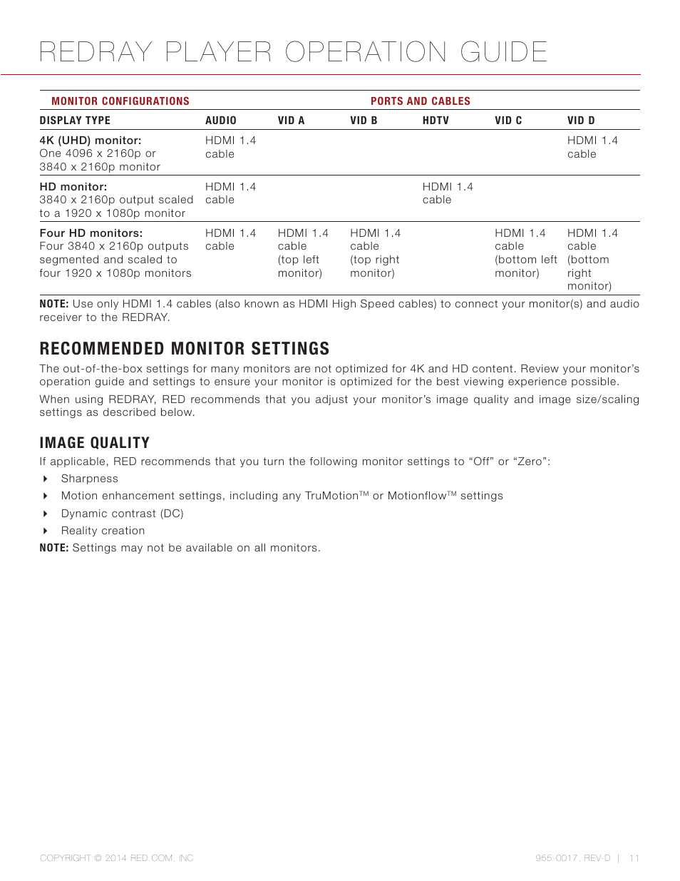 Recommended monitor settings, Image quality, Redray player operation guide | RED REDRAY PLAYER User Manual | Page 11 / 66