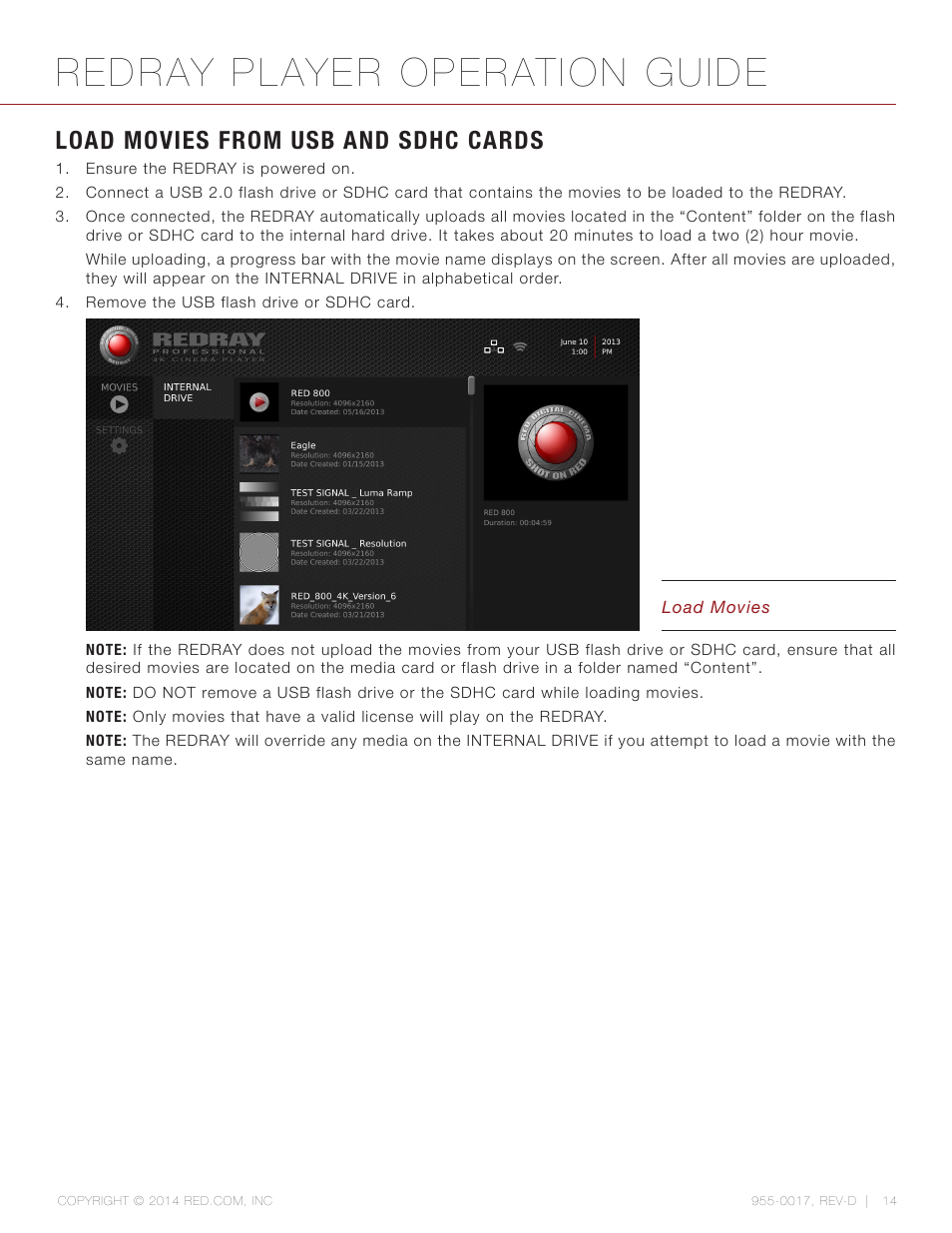 Load movies from usb and sdhc cards, Redray player operation guide | RED REDRAY PLAYER User Manual | Page 14 / 66