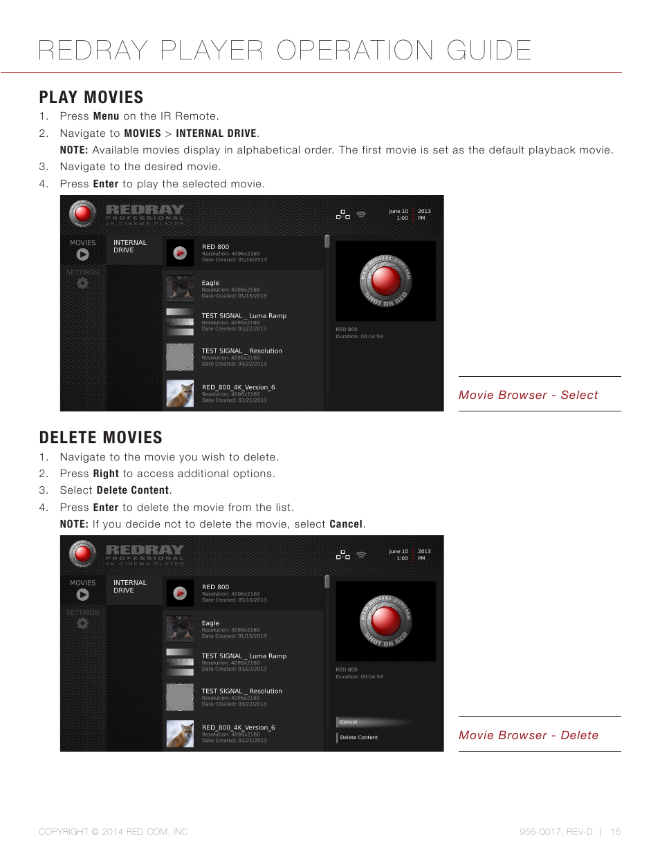 Play movies, Delete movies, Redray player operation guide | RED REDRAY PLAYER User Manual | Page 15 / 66