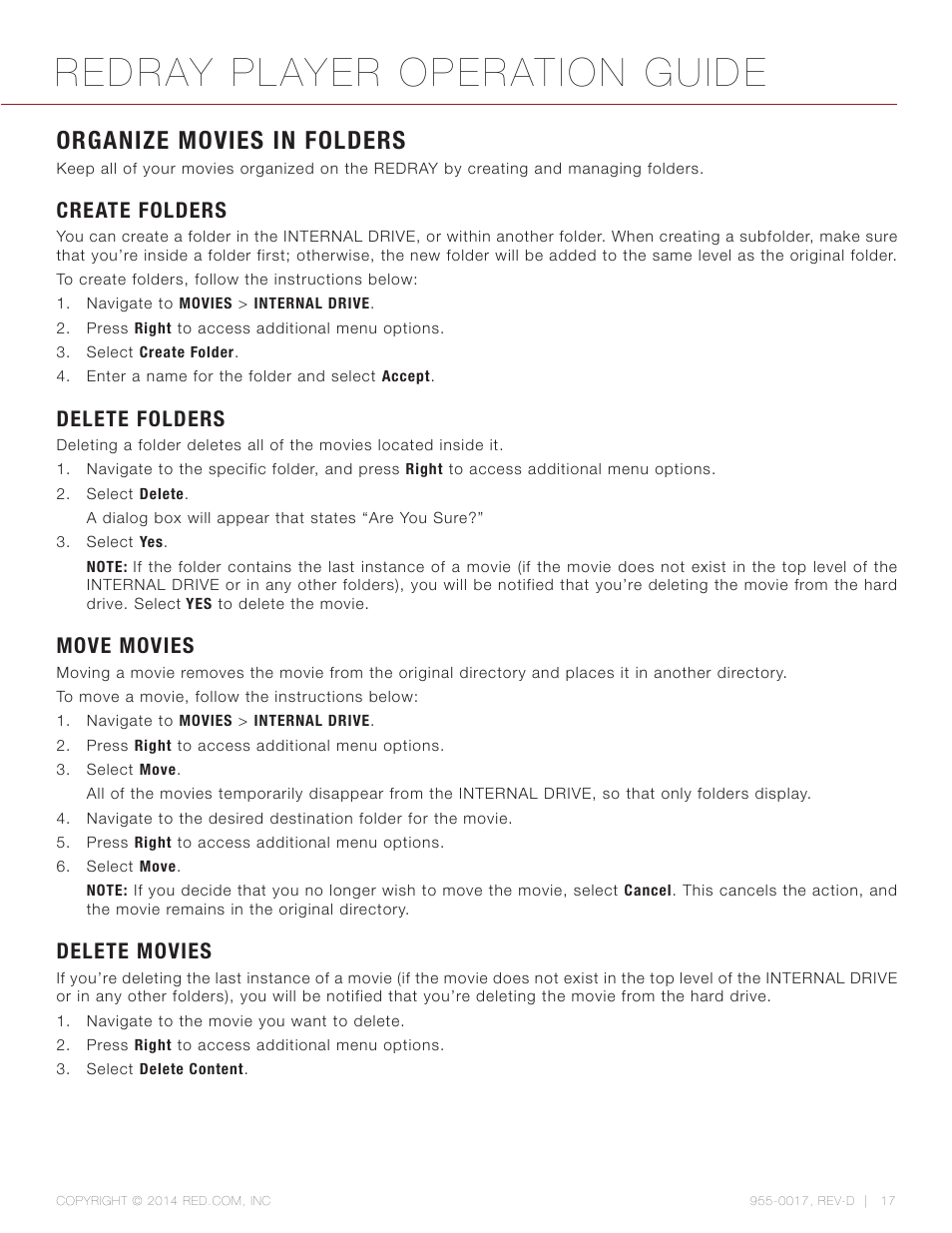Organize movies in folders, Create folders, Delete folders | Move movies, Delete movies, Redray player operation guide | RED REDRAY PLAYER User Manual | Page 17 / 66