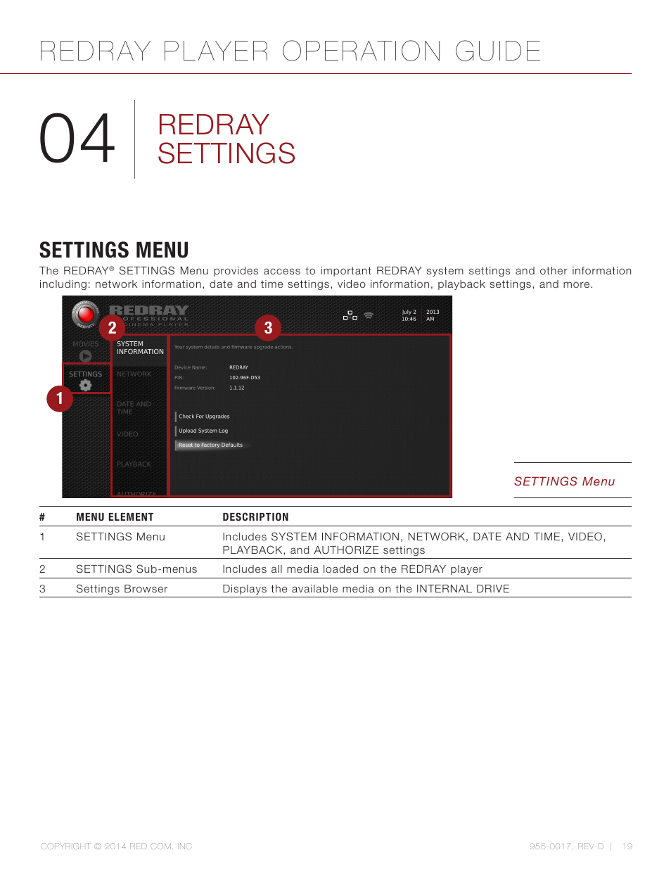 Redray settings, Settings menu, Redray player operation guide | RED REDRAY PLAYER User Manual | Page 19 / 66