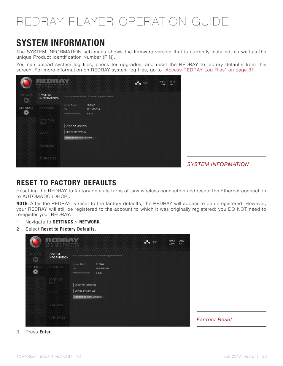 System information, Reset to factory defaults, Redray player operation guide | RED REDRAY PLAYER User Manual | Page 20 / 66