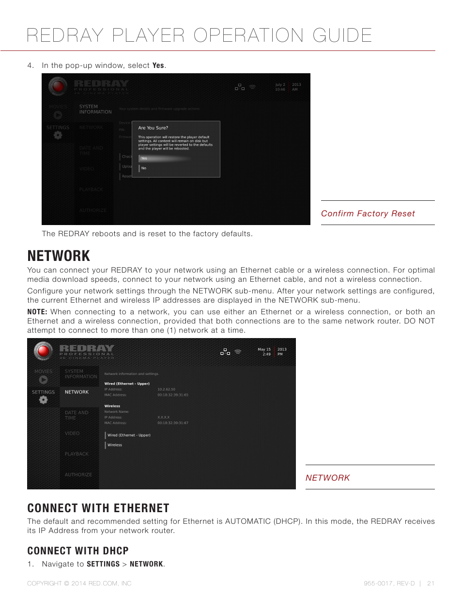 Network, Connect with ethernet, Connect with dhcp | Network 21, Redray player operation guide | RED REDRAY PLAYER User Manual | Page 21 / 66