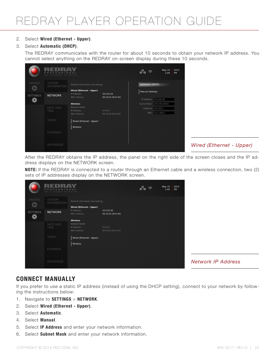 Connect manually, Redray player operation guide | RED REDRAY PLAYER User Manual | Page 22 / 66