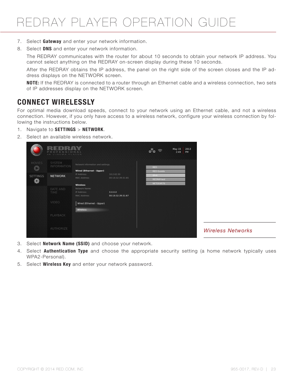 Connect wirelessly, Redray player operation guide | RED REDRAY PLAYER User Manual | Page 23 / 66