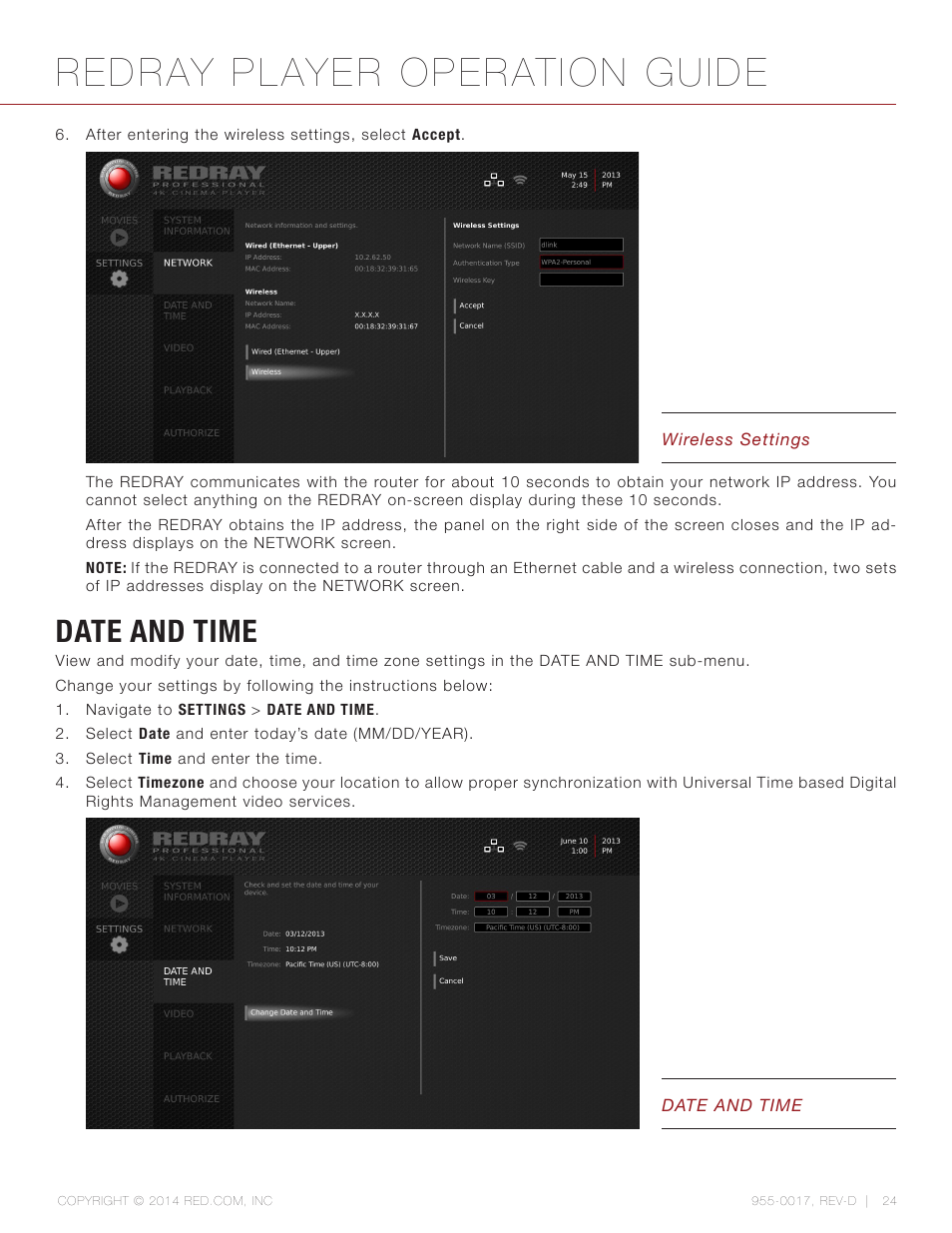 Date and time, Redray player operation guide | RED REDRAY PLAYER User Manual | Page 24 / 66