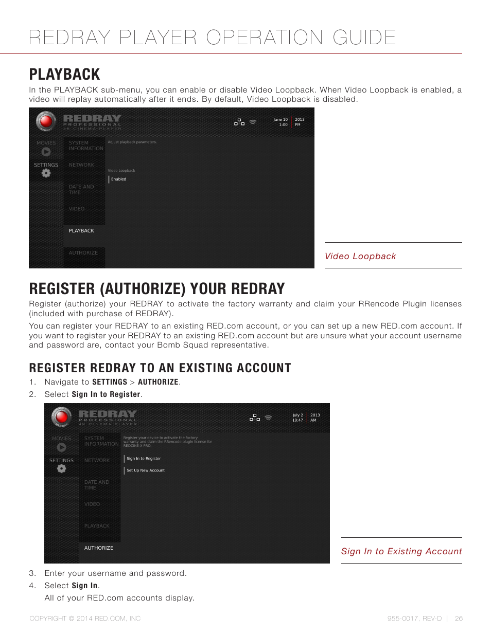 Playback, Register (authorize) your redray, Register redray to an existing account | Playback 26, Redray player operation guide | RED REDRAY PLAYER User Manual | Page 26 / 66