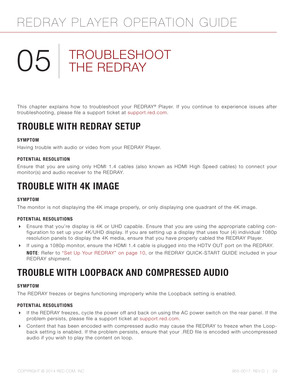 Troubleshoot the redray, Trouble with redray setup, Trouble with 4k image | Trouble with loopback and compressed audio, Redray player operation guide | RED REDRAY PLAYER User Manual | Page 29 / 66