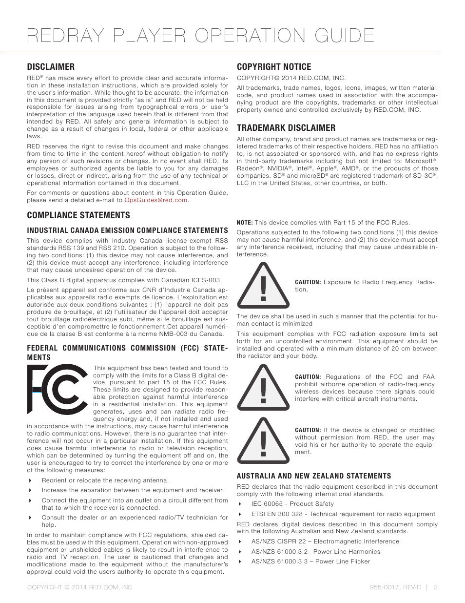 Disclaimer, Copyright notice, Trademark disclaimer | Compliance statements, Disclaimer 3, Redray player operation guide | RED REDRAY PLAYER User Manual | Page 3 / 66