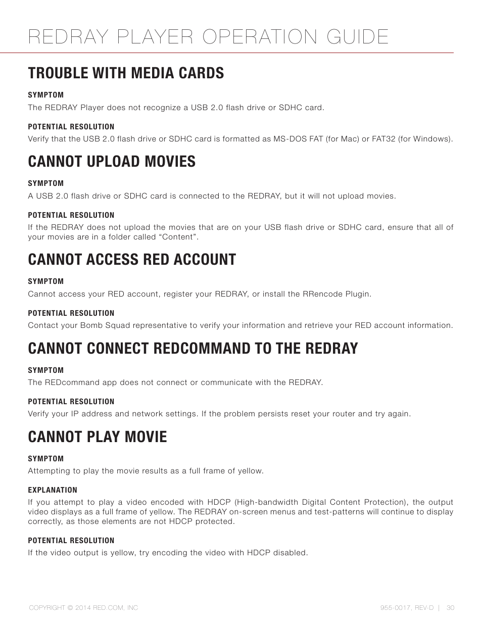 Trouble with media cards, Cannot upload movies, Cannot access red account | Cannot connect redcommand to the redray, Cannot play movie, Redray player operation guide | RED REDRAY PLAYER User Manual | Page 30 / 66