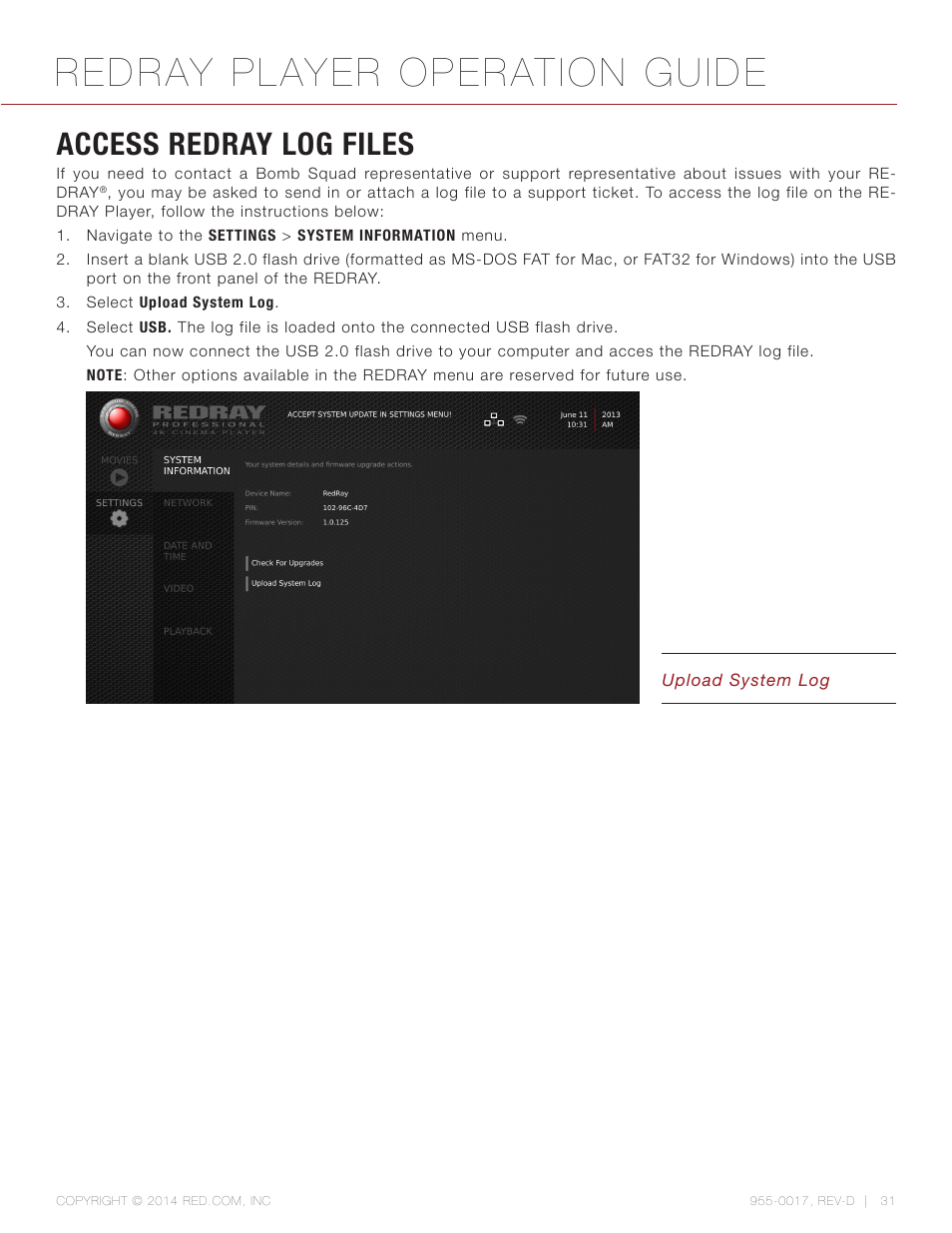 Access redray log files, Redray player operation guide | RED REDRAY PLAYER User Manual | Page 31 / 66